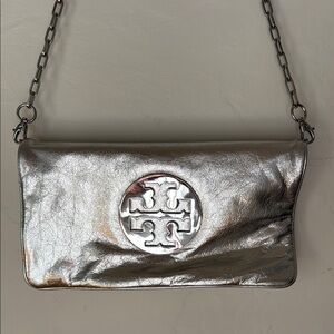 Tory Burch Silver Metallic Clutch with Chain Strap and Logo